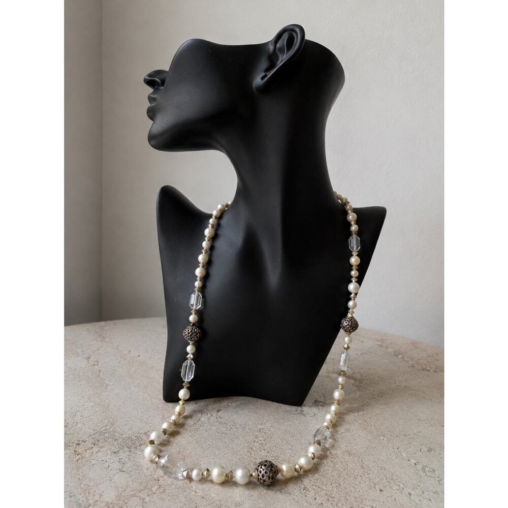 Vintage 1960s Faux Pearl 34in Necklace Gold Tone Clear Beads Barrel Clasp
